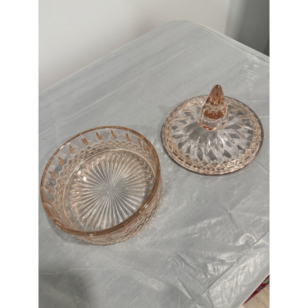 Vintage Indiana Glass Princess Pink Depression Candy Dish w Lid Diamond Point - Picture 4 of 4